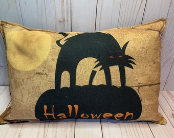 Black Cat Halloween Pillow - Spooky Pumpkin Accent Cushion