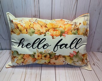 Hello Fall Pumpkins Pillow with floral back