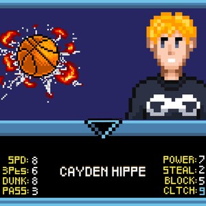 May include: A pixelated basketball player with blonde hair and a black shirt with a white design. The player's stats are displayed below: SPD: 8, 3PES: 6, DUNK: 8, PASS: 3, POWER: 7, STEAL: 2, BLOCK: 5, CLTCH: 9. The player's name is Cayden Hippe.