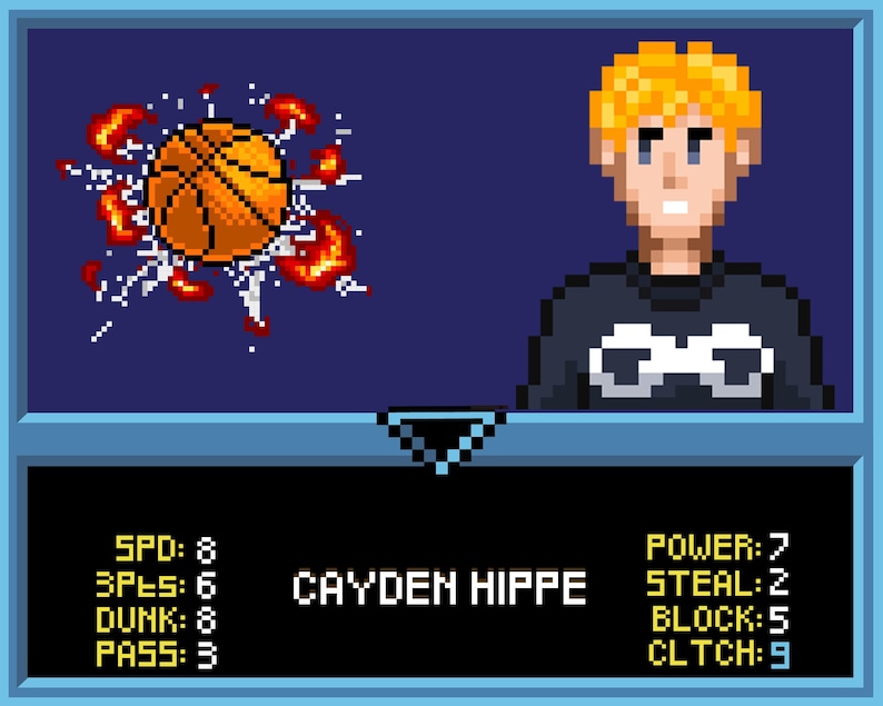 May include: A pixelated basketball player with blonde hair and a black shirt with a white design. The player's stats are displayed below: SPD: 8, 3PES: 6, DUNK: 8, PASS: 3, POWER: 7, STEAL: 2, BLOCK: 5, CLTCH: 9. The player's name is Cayden Hippe.
