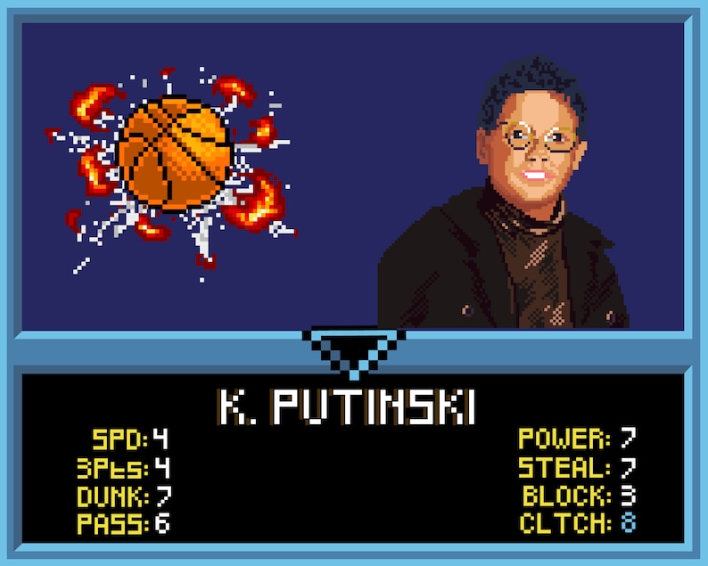 May include: A pixelated basketball player card featuring a cartoon image of a man wearing glasses and a basketball engulfed in flames. The card displays the player's name "K. PUTINSKI" and statistics: SPD: 4, 3PES: 4, DUNK: 7, PASS: 6, POWER: 7, STEAL: 7, BLOCK: 3, CLTCH: 8.