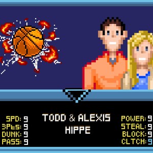 May include: A pixelated image of a basketball game featuring two players, Todd & Alexis Hippe, with their stats shown. The basketball is on fire and exploding.