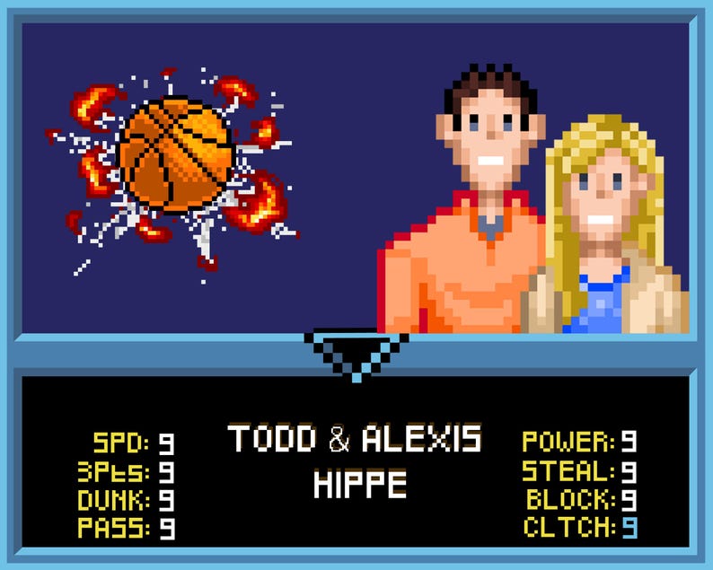 May include: A pixelated image of a basketball game featuring two players, Todd & Alexis Hippe, with their stats shown. The basketball is on fire and exploding.