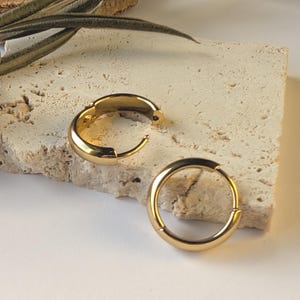 Könnte beinhalten: Zwei goldfarbene Creolen, eine offen und eine geschlossen. Der offene Ohrring zeigt den Verschlussmechanismus. Die Ohrringe liegen auf einer strukturierten, hellen Oberfläche, mit einem Zweig Grün im Hintergrund.