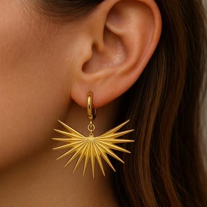Sun Hoop Earrings • Sun Earrings Gold • Sun Ray Earrings • Hoop Earrings with Sun Pendant