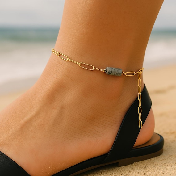 Edelstein Fußkettchen • Klammer Fußkettchen • Fußkette gold mit Edelstein • Gliederfußkette Labradorit • Fußkette Boho gold oder silber