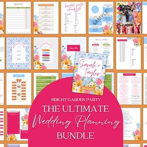 May include: A collection of wedding planning templates with floral accents. The bundle includes checklists, vendor lists, table settings, and a cover page with the names "Sarah + Taylor" and the date "08.23.2025". The text "The Ultimate Wedding Planning Bundle" is also visible.