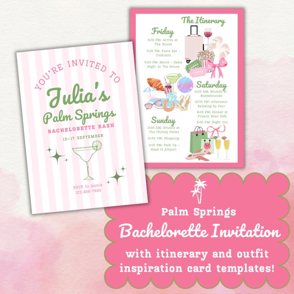 Palm Springs | Bachelorette Invitation | Itinerary and Outfit Inspiration Templates | Bachelorette Stationery|Pink Bachelorette Party Invite