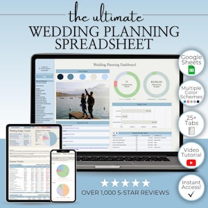 May include: A laptop, tablet, and smartphone display a wedding planning spreadsheet. The screen shows a dashboard with charts, graphs, and a photo. The image includes the text "the ultimate WEDDING PLANNING SPREADSHEET" and "OVER 1,000 5-STAR REVIEWS."