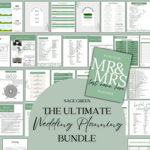 Ultimate Wedding Planning Binder Template, Customizable Canva Template,Printable Wedding Planner, Day Of Binder, SageGreen Planner Checklist