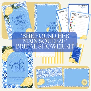 Kit de chá de panela: "Ela encontrou seu amor principal" Modelo Canva personalizável | Limões | Amarelo e azul | Cartões de receita | Placa de chá de panela