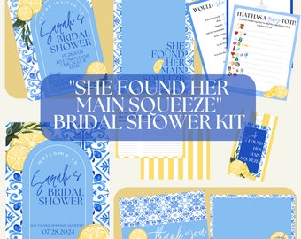 Bridal Shower Kit: "She Found Her Main Squeeze" Customizable Canva Template | Lemons | Yellow and Blue | Recipe Cards | Bridal Shower Sign