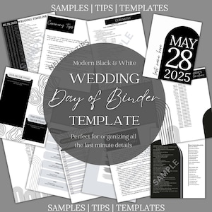 de Cartable pour le jour du mariage | Thème noir et blanc moderne, modèle de toile personnalisable, classeur imprimable le jour du mariage
