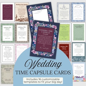 Può includere: Una collezione di sedici biglietti per capsule del tempo di matrimonio con modelli personalizzabili. Le carte presentano bordi floreali e varie date. Le parole "Wedding Time Capsule Cards" sono visualizzate in modo prominente.