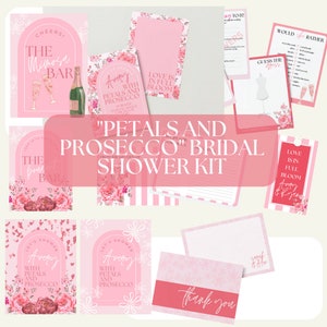 Kit de despedida de soltera: "Pétalos y Prosecco" Descarga de lienzo personalizable / Rosa / Floral / Tarjetas de recetas / Letreros de despedida de soltera / Invitaciones