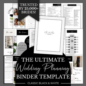 Puede incluir: Una colección de plantillas para organizador de bodas en un esquema de color clásico en blanco y negro. Las páginas presentan varios diseños, incluyendo un cronograma de damas de honor, un plano de asientos, un menú y detalles de la ceremonia.