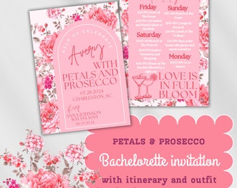 Pink Floral Bachelorette Invitation| Petals and Prosecco | Itinerary Outfit Inspiration|Bachelorette Stationery | Bridesmaid Invitation