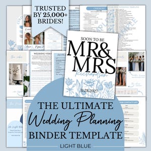 May include: A digital wedding planning binder template featuring light blue floral accents and text that reads "SOON TO BE MR & MRS Richardson" with the date "11.28.2027". The collection includes various pages for timelines, contact lists, and vision boards.