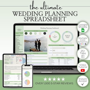 May include: A laptop, tablet, and smartphone display a wedding planning spreadsheet. The laptop screen shows a dashboard with a photo and data visualizations. The image includes the text "the ultimate WEDDING PLANNING SPREADSHEET" and "OVER 1,000 5-STAR REVIEWS."