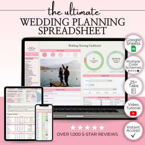 Op de afbeelding: Een laptop, tablet en smartphone tonen een spreadsheet voor het plannen van een bruiloft. Het laptopscherm toont een dashboard met een foto van een stel. De tekst luidt "the ultimate WEDDING PLANNING SPREADSHEET".