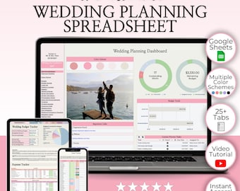 結婚式計画スプレッドシート - Google スプレッドシート テンプレート | 予算トラッカー、チェックリスト、座席表、タイムライン、ヒント | Pink Digital Planner