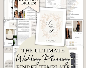May include: A digital wedding planning binder template featuring multiple pages with text, checklists, and photo placeholders. The central page displays the initials S & J within an ornate frame and the date 07.25.2025. Text includes Trusted by 25,000+ Brides and The Ultimate Wedding Planning Binder Template.