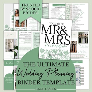 May include: A digital wedding planning binder template featuring sage green accents and botanical illustrations. The cover displays the text "SOON TO BE MR & MRS Richardson" with the date "11.28.2027" and includes various planning pages.