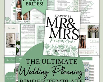 May include: A digital wedding planning binder template featuring sage green accents and botanical illustrations. The cover displays the text "SOON TO BE MR & MRS Richardson" with the date "11.28.2027" and includes various planning pages.
