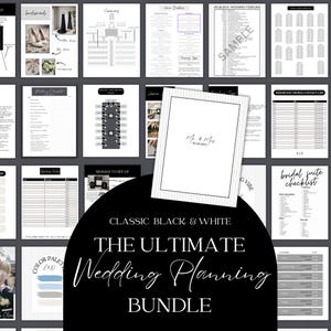 Peut inclure: Un ensemble de planification de mariage en noir et blanc, comprenant des listes de contrôle, des calendriers et des plans de table. La couverture affiche "Mr. & Mrs." et une date. L'ensemble est intitulé "Classic Black & White" et "The Ultimate Wedding Planning Bundle."