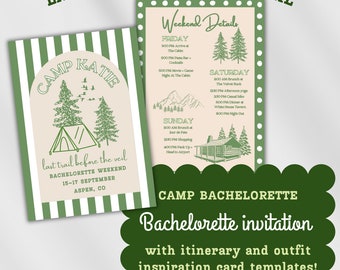 Camp Bachelorette uitnodiging | Laatste parcours vóór de sluier | Reisplan Outfit-inspiratie| Vrijgezellenbriefpapier| Groen, bos, kamperen
