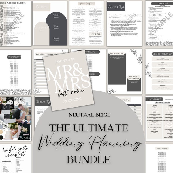 Ultimate Wedding Planning Binder Template | Modern Neutral,Customizable Canva Template, Printable Wedding Planner & Day Of Binder, Checklist