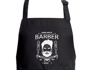 Gepersonaliseerde Barber Shop Black Schort, 2 zakken schort, gepersonaliseerde portie schort, verstelbare schort, uw logo schort