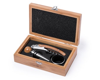 Personalized wine gift box set made of bamboo wood, Stainless steel wine accessories, corkscrew, Father's day gift, Valentine's
