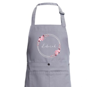 Personalized Grey Apron with flowers,mother day gift, personalized serving apron, adjustable apron, mothers day gift ,unisex apron,