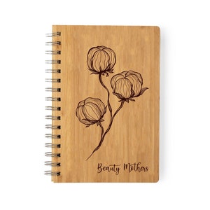 Personalized Eco friendly Notebook Set with Flowers Illustration, Laser Engraved Wood, Personalized Name, Gift for Writter, Gift for Her,