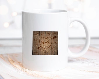 Carved heart in a tree with initials Coffee Mug, Gift Mug, Enjoy your coffee, love Mug, valentines Mug, girlfriend Coffee Mug, boyfriend mug