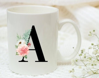 Personalized initial Coffee Mug, Initial Mug, Gift for a Friend, Gift for Mom, initial Flower design,Ceramic Coffee Mug, initial with flower