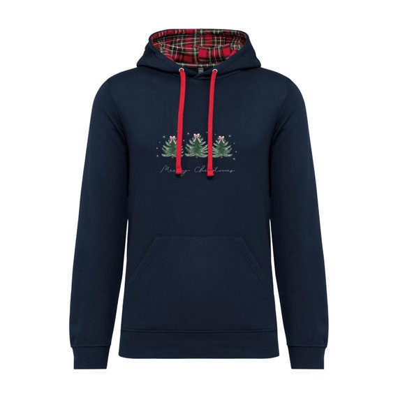 Embroidered Christmas Tree Hoodie With Tartan Hood Navy