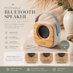 Könnte beinhalten: Ein tragbarer Bluetooth-Lautsprecher mit Holzfront und grauem Griff. Der Lautsprecher hat den Text "E♡M" auf der Vorderseite eingraviert. Das Bild zeigt auch Beispiele für personalisierten Text, darunter die Namen "Emily", "A♡M" und "Adventure Awaits".