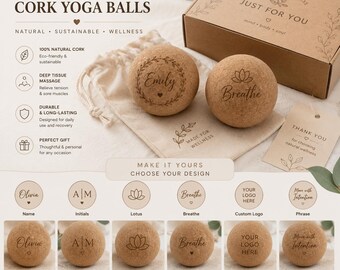 May include: Personalized cork yoga balls with the words "Emily" and "Breathe" engraved on them. The balls are made of natural cork and come with a drawstring bag and a gift box. The image also shows design options.