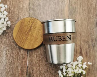 Personalized Stainless Steel Cup with Wooden Lid & Engraved Name – Eco-Friendly Travel Mug, Gift for Him/Her