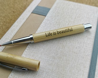 Personalised blue ink bamboo cap roller pen with engraved name or sentence