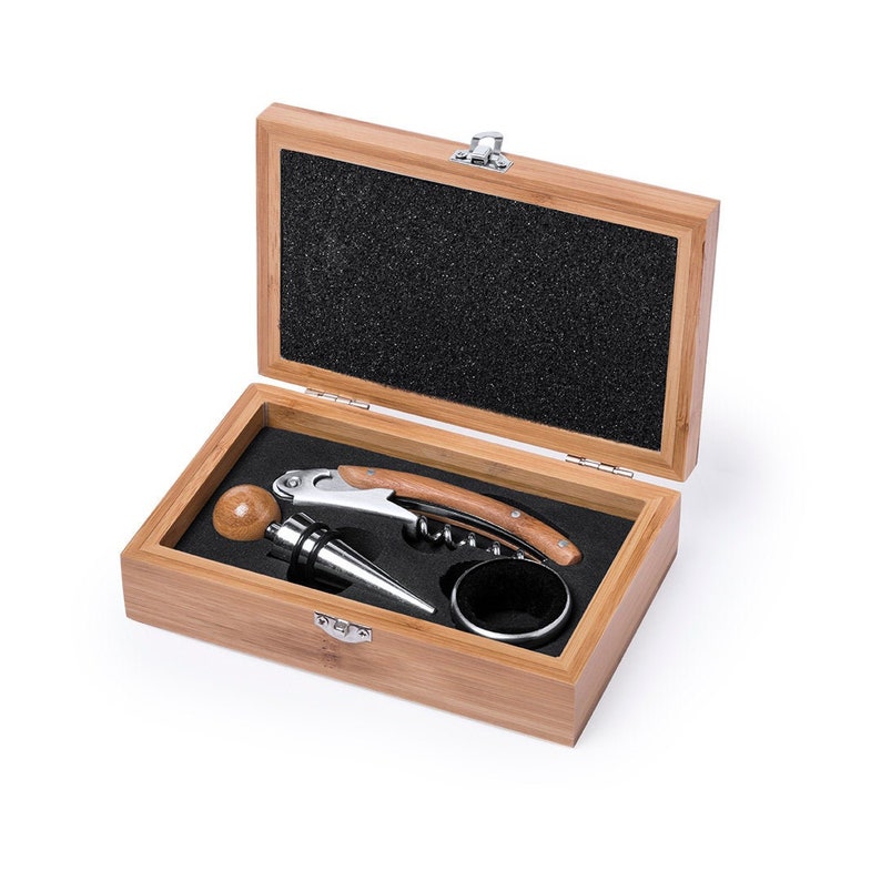 Personalized wine gift box set made of bamboo wood, Stainless steel wine accessories, corkscrew, Father's day gift, Valentine's image 1