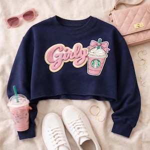 Girly Cropped Sweatshirt – Cute Pink Chenille Patch DTF Pullover for Women – Trendy Coffee Lover Aesthetic Top – Gift for Her
