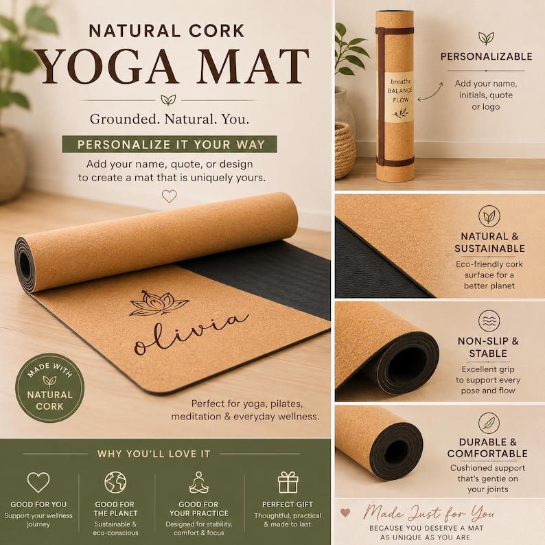 May include: Natural cork yoga mat with the name "olivia" printed on it. The mat is brown and black, rolled up, and unrolled. The text on the mat says "Grounded. Natural. You. Personalize it your way."