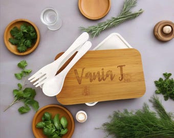 Personalized Engraved Bamboo Lunchbox Set, Eco Friendly Bentobox