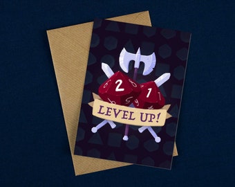 21 Level Up Birthday Card / D&D Birthday Card / D100 Birthday Card / 21st Birthday Card / DnD Birthday Card / Dice Birthday Card / D20 Card