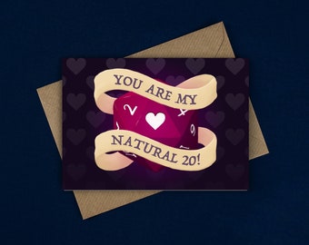 Natural 20 D&D Love Card Dice | Tabletop Gamer Anniversary Card | Fantasy Gaming Card | Nerd Bday Card | DND Valentine's Day Gift