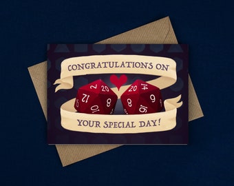 May include: A greetings card featuring two red dice, each showing the number 20, and a banner reading "CONGRATULATIONS ON YOUR SPECIAL DAY!" A small red heart is between the dice. The card is on a brown envelope.