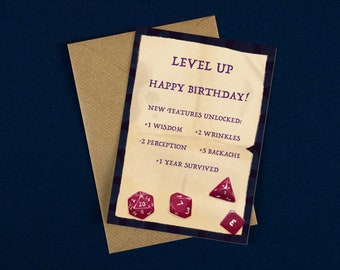 Carte d'anniversaire de niveau supérieur / carte d'anniversaire D&D / carte d'anniversaire blague / carte d'anniversaire drôle de D&D / carte d'anniversaire de sagesse / carte d'anniversaire de dés